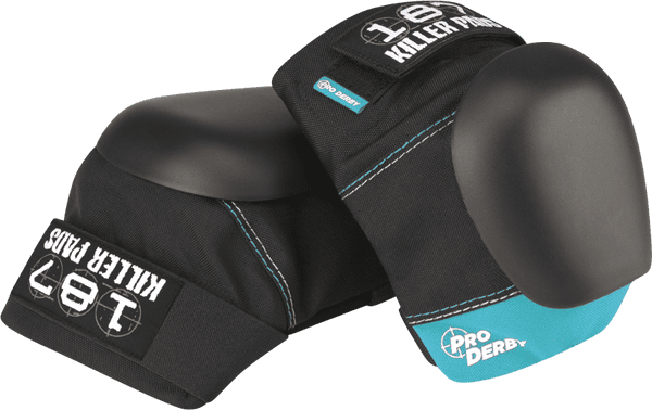 187 Pro Derby Knee Pads XS in black and blue, compact fit for derby