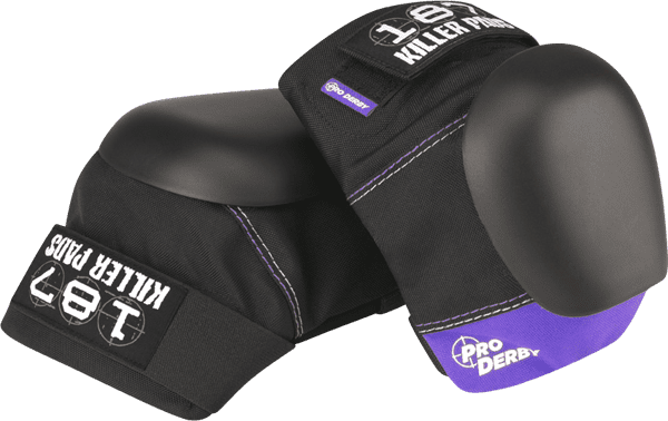 187 Pro Derby Knee Pads in black and purple, XS size, worn on a skater's leg