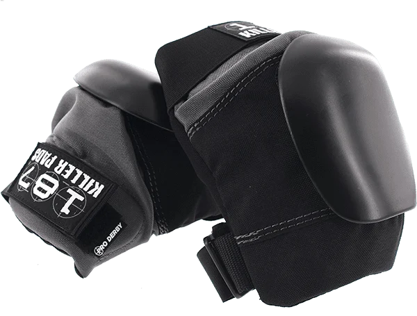 187 Pro Derby Knee Pads in size XL, black and grey colorway, laid out flat