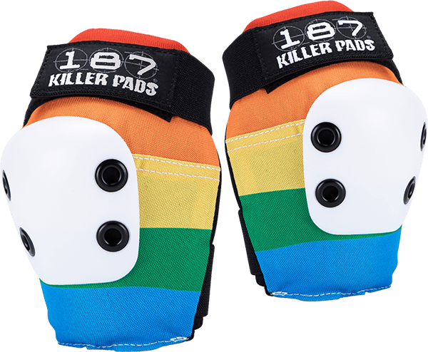 187 Slim Elbow Pads in size L rainbow worn on the elbow, showing the slim fit and multicolor design
