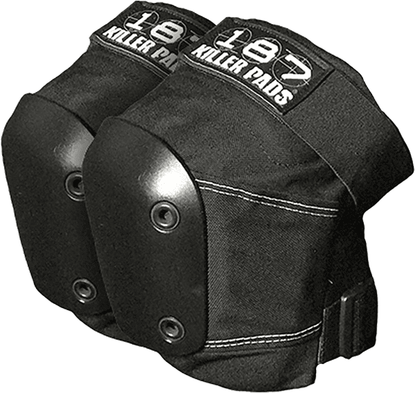 187 Slim Knee Pads in XL size, black on black, laid flat on a skate shop counter