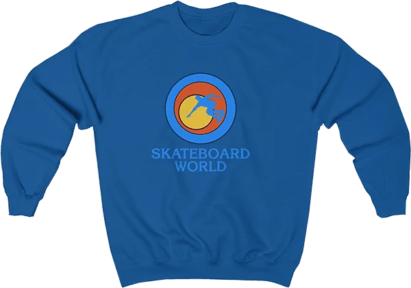 45RPM Skateboard World Crew Sweatshirt in M‑Blue showing the bold graphic on soft fabric.