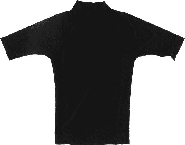 BLOCK Surf rash guard short sleeve in XS-black laid flat showing a tight no-flap fit
