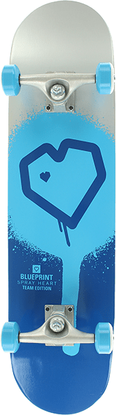 Blueprint Spray Heart Complete skateboard with silver and blue graphic deck, 7.75 size.