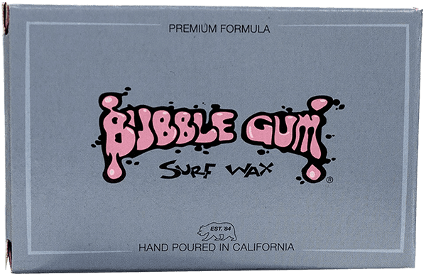 Bubble Gum Premium Blend Cool Single Bar surf wax on a surfboard deck