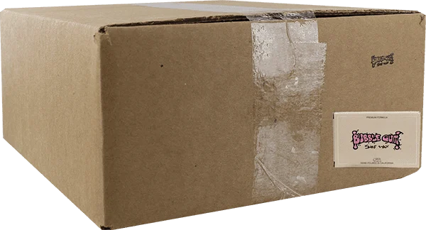 Cold case of 84 Bubble Gum Premium Blend surf wax bars stacked together