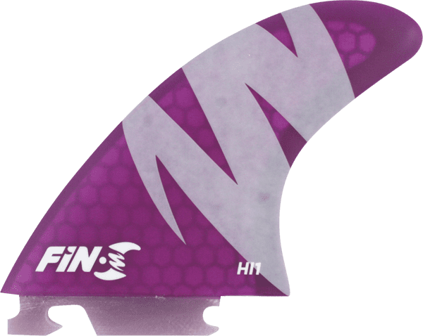 Set of three FIN-S HI-1 Honeycomb Purple surfboard fins on a grey background