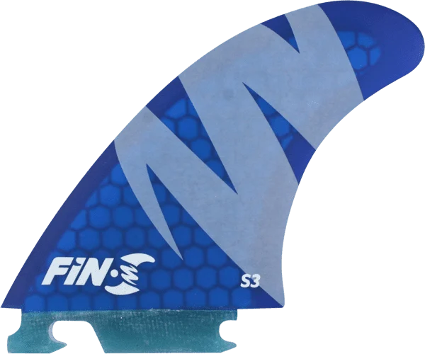 Three FIN-S S-3 Honeycomb Blue fins on a light surface, sale price $81