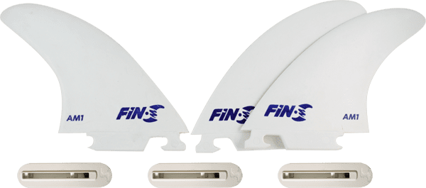FIN-S AM-1 Production Set White three-pack of surfboard fins in individual boxes