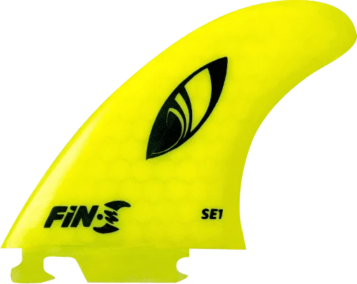 FIN-S SE-1 Honeycomb Neon Yellow three-fin set on sale, laid flat against a surfboard deck with bright yellow color visible