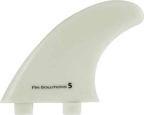 FIN Solutions FCS G-5 Natural 3-fin set on a surfboard, white base with clear fins, thruster configuration