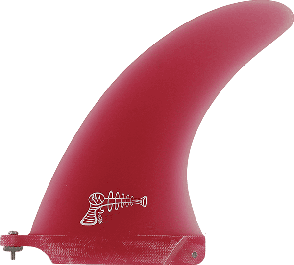 RAY GUN Fiberglass Center Fin 8.0 inches Red mounted on a surfboard