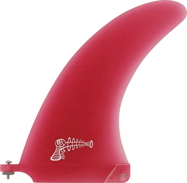RAY GUN 7.5 inch red fiberglass volan center fin in a surfboard fin box
