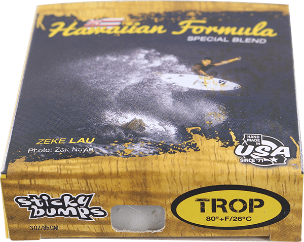 SB Original Hawaiian Tropical Single Bar surf wax bar resting on a surfboard deck