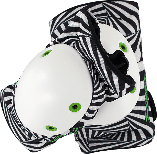 Smith Scabs Elite Elbow Pads in XS size with black and white Hypno pattern resting on a concrete ledge