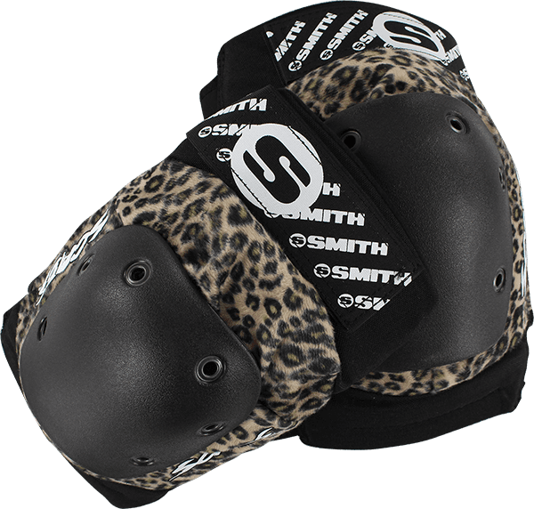 SMITH SCABS ELITE KNEE PADS in XS size with leopard print pattern, shown on concrete